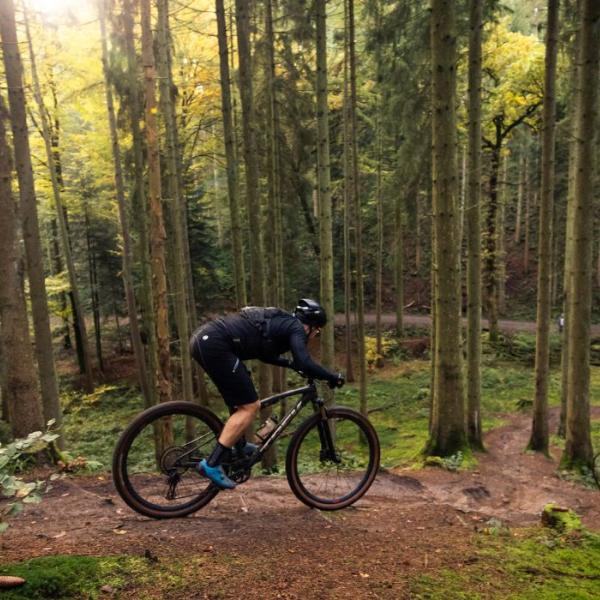 Person riding a mountain bike in Nørreskoven in Vejle