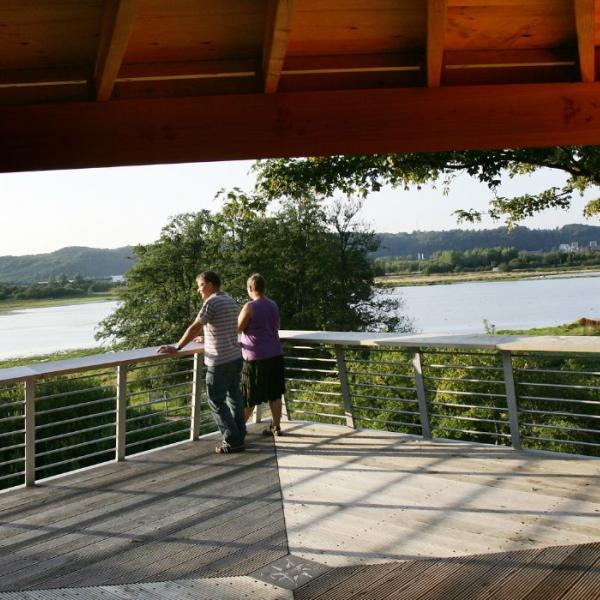 A couple stands and enjoys the view from the observation tower in Kongens Kær in Vejle