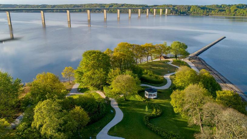  Skyttehushaven and the Vejlefjord Bridge seen from above as an aerial photo