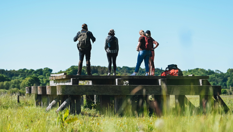 Four on a hike standing on Ravningbroen by Hærvejen