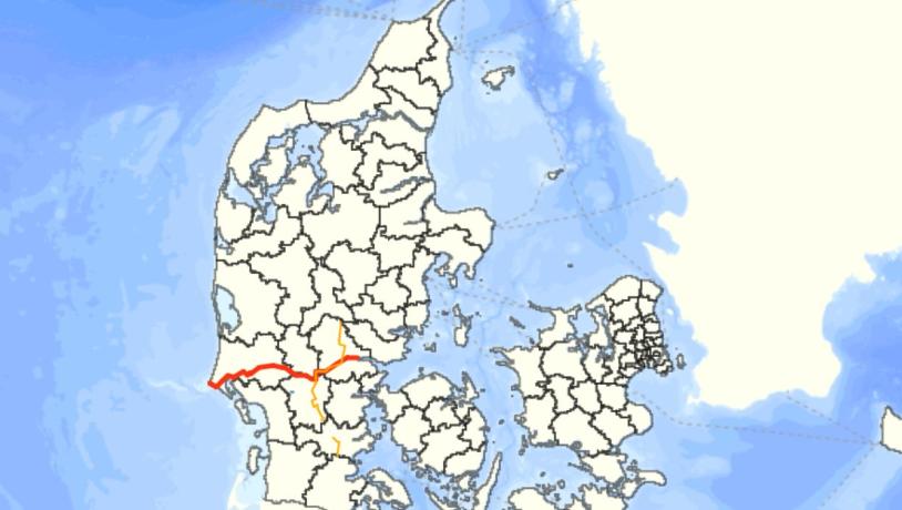 Kort over Kyst til Kyst Stien i Jylland - fra Vejle til Blåvands Huk