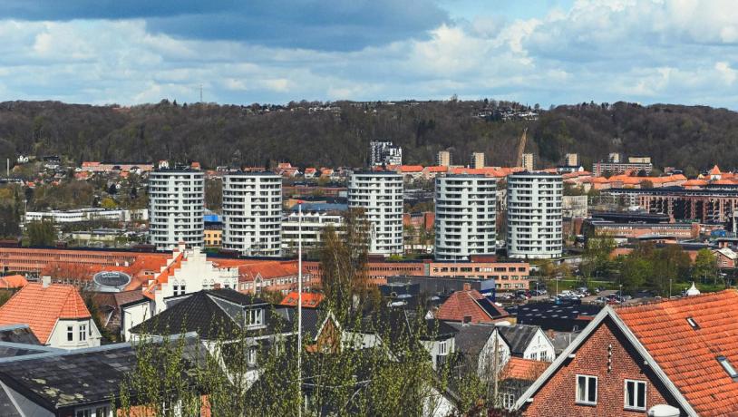 The view from Vejle Windmill over Vejle city on a spring day