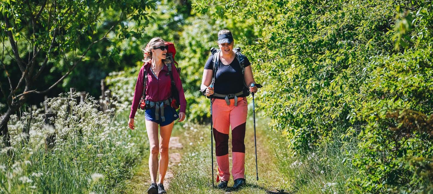 Two people on a hiking holiday along Hærvejen in the summer