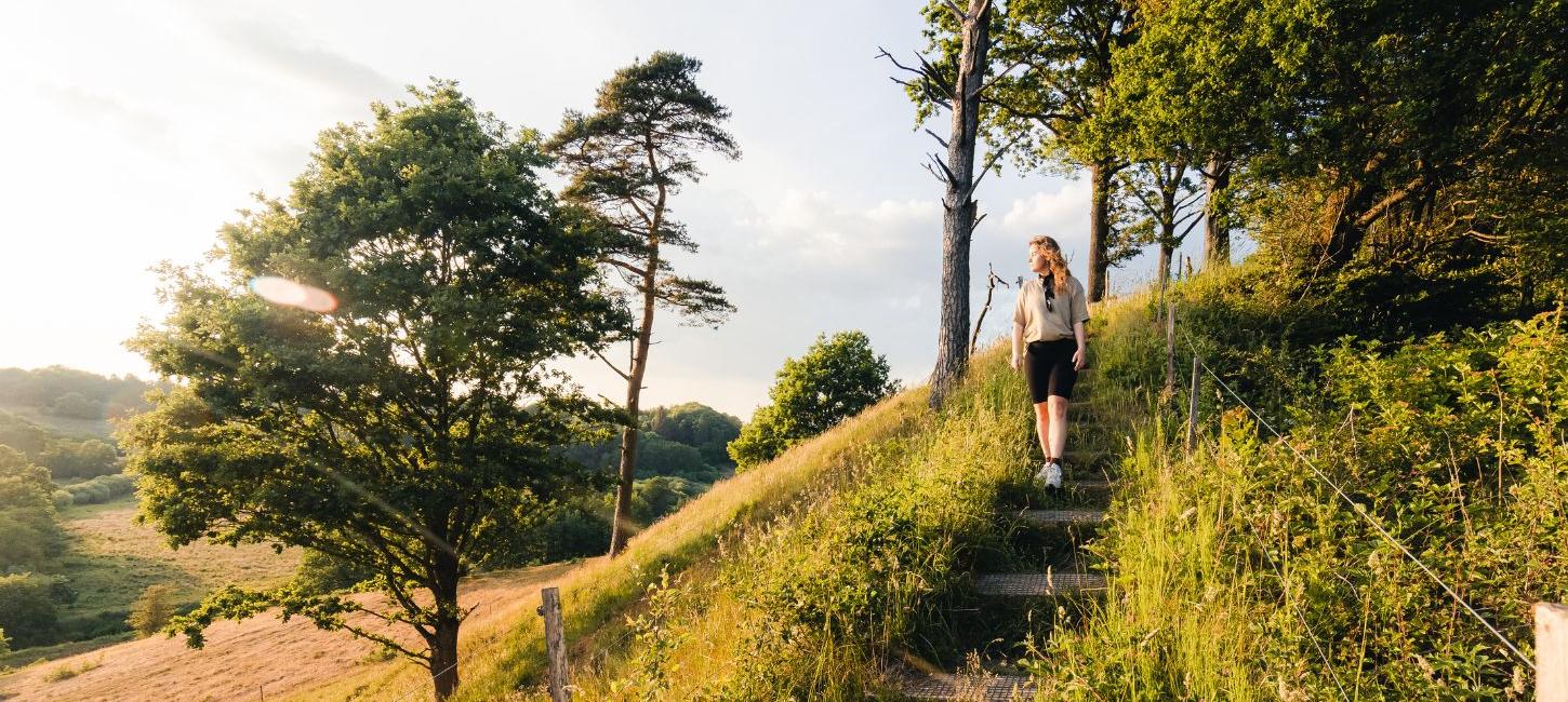 A person goes for a walk at Runkenbjerg in Egtved Ådal