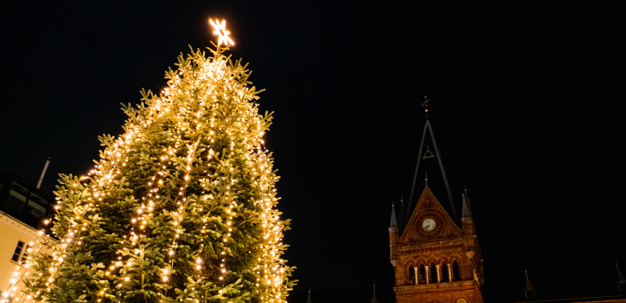 Lights on the Christmas tree at Rådhuspladsen in Vejle