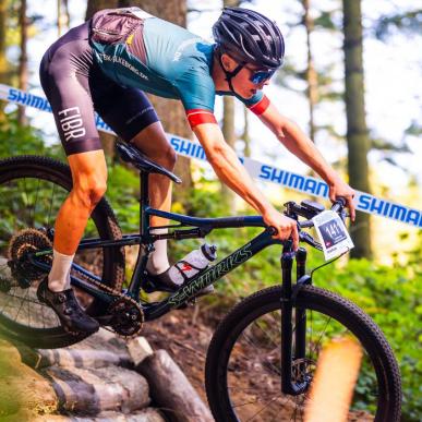 A participant in the Danish Mountain Bike Championships on the track in Nørreskoven in Vejle