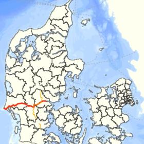 Kort over Kyst til Kyst Stien i Jylland - fra Vejle til Blåvands Huk